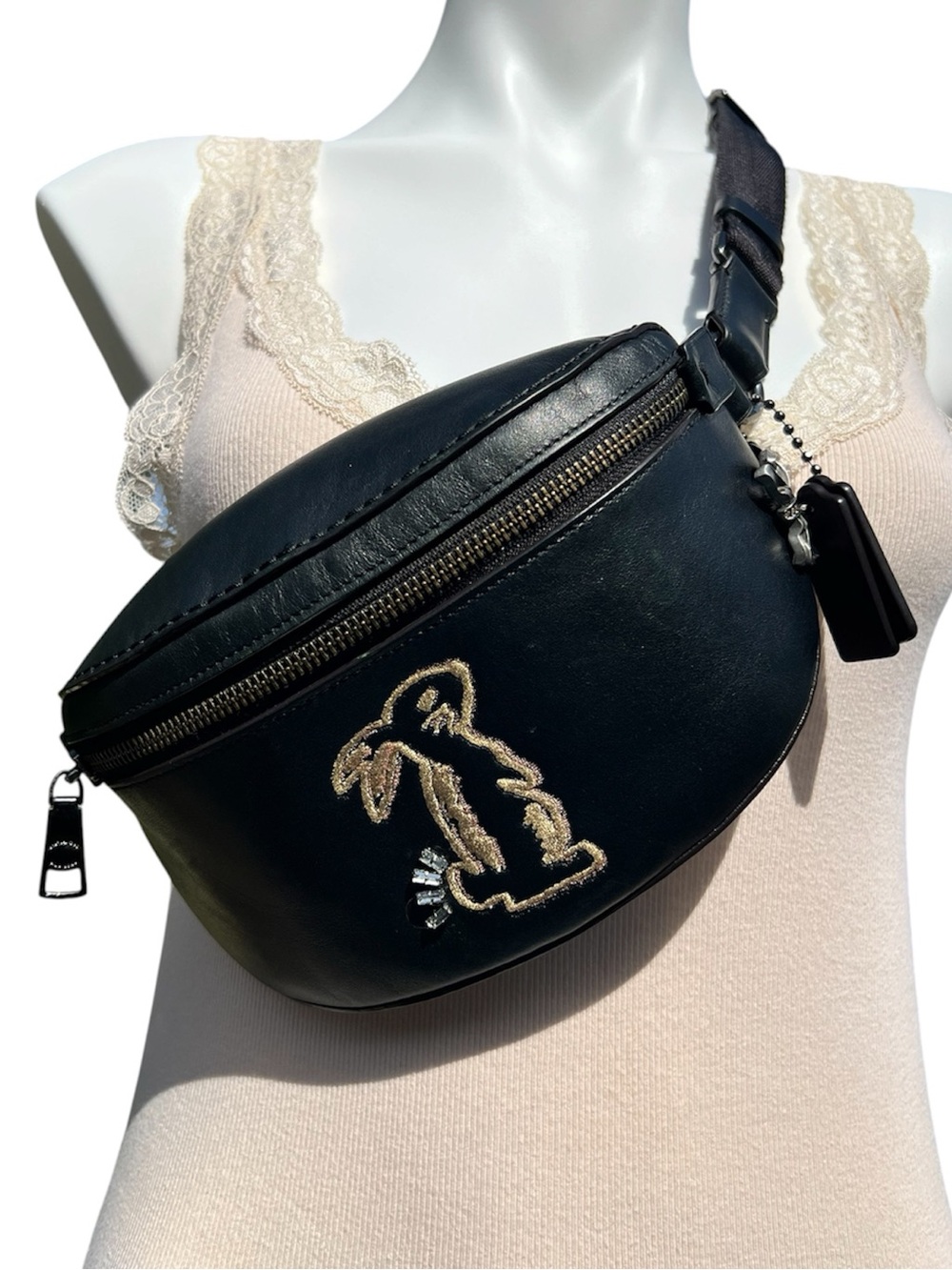 Coach X Selena Gomez Black Leather Belt Crossbody Bag with Embroidered Bunny